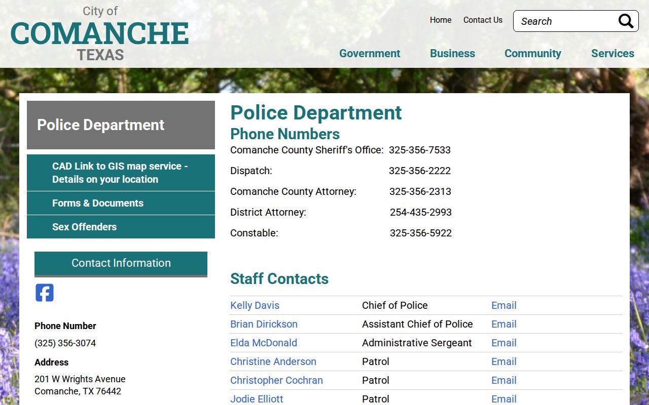 Official Comanche Police Department page with city agency contact information