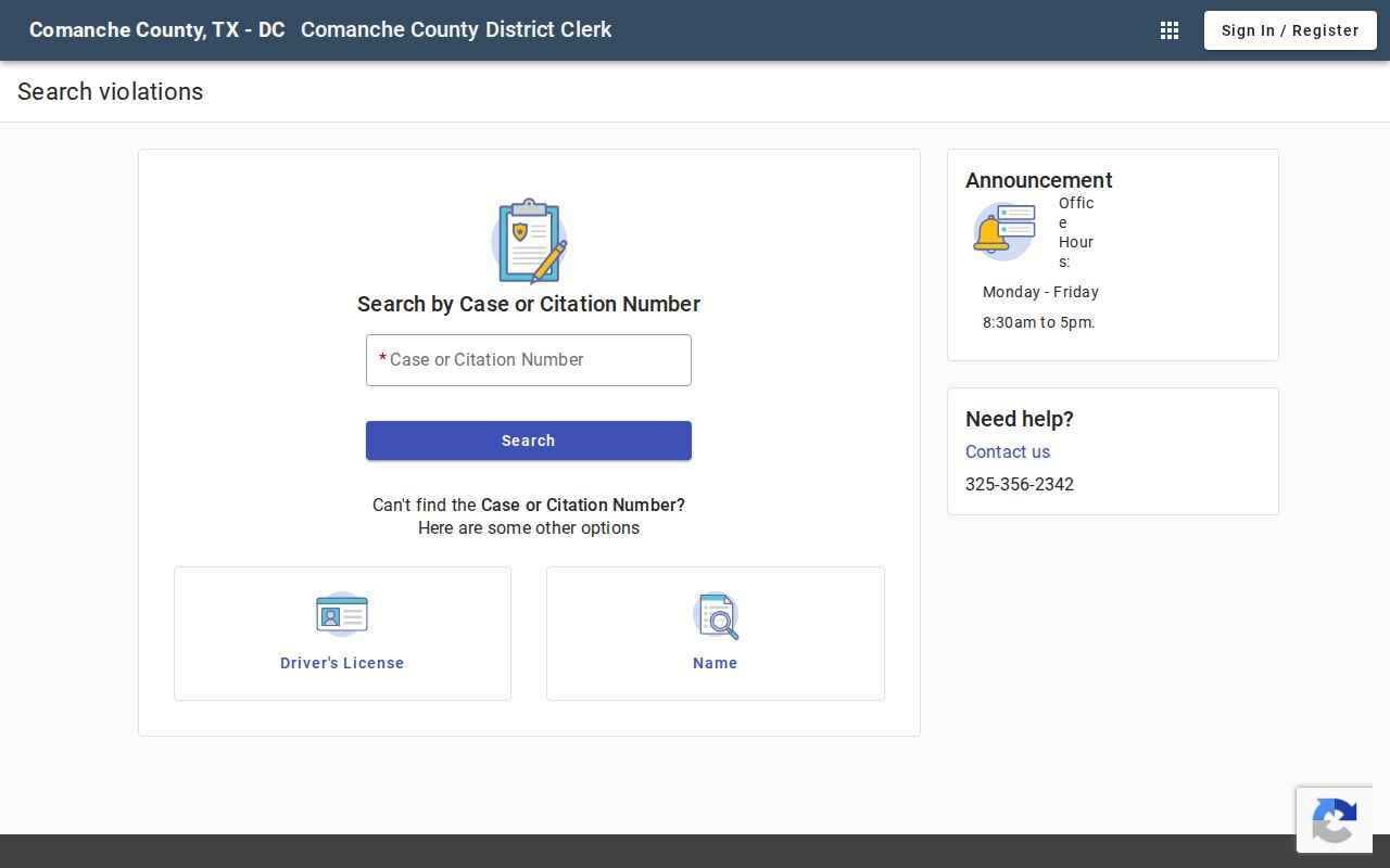 Comanche County court search interface for booking case disposition records
