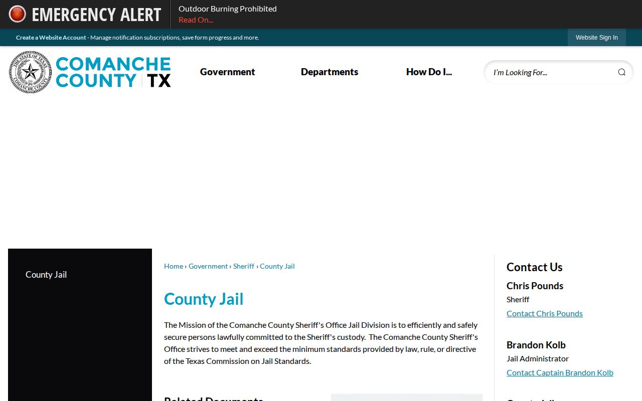 Comanche County Jail official page for jail roster and booking record access