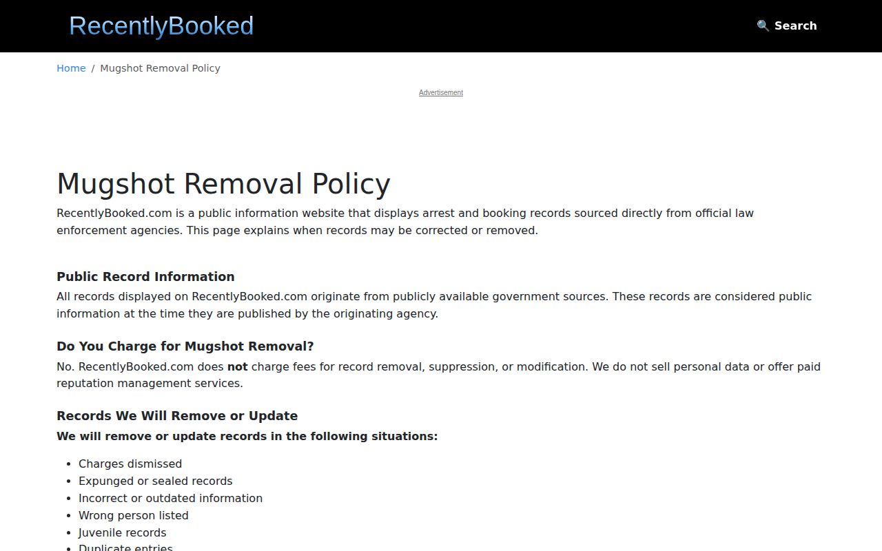 RecentlyBooked stated correction policy for Comanche County booking record information