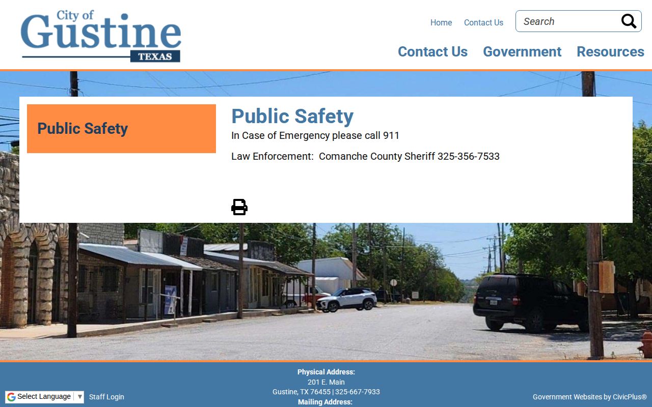 Gustine Public Safety official page identifying the Comanche County Sheriff as law enforcement