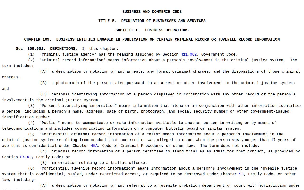Texas Chapter 109 criminal-record correction source for Comanche County booking records